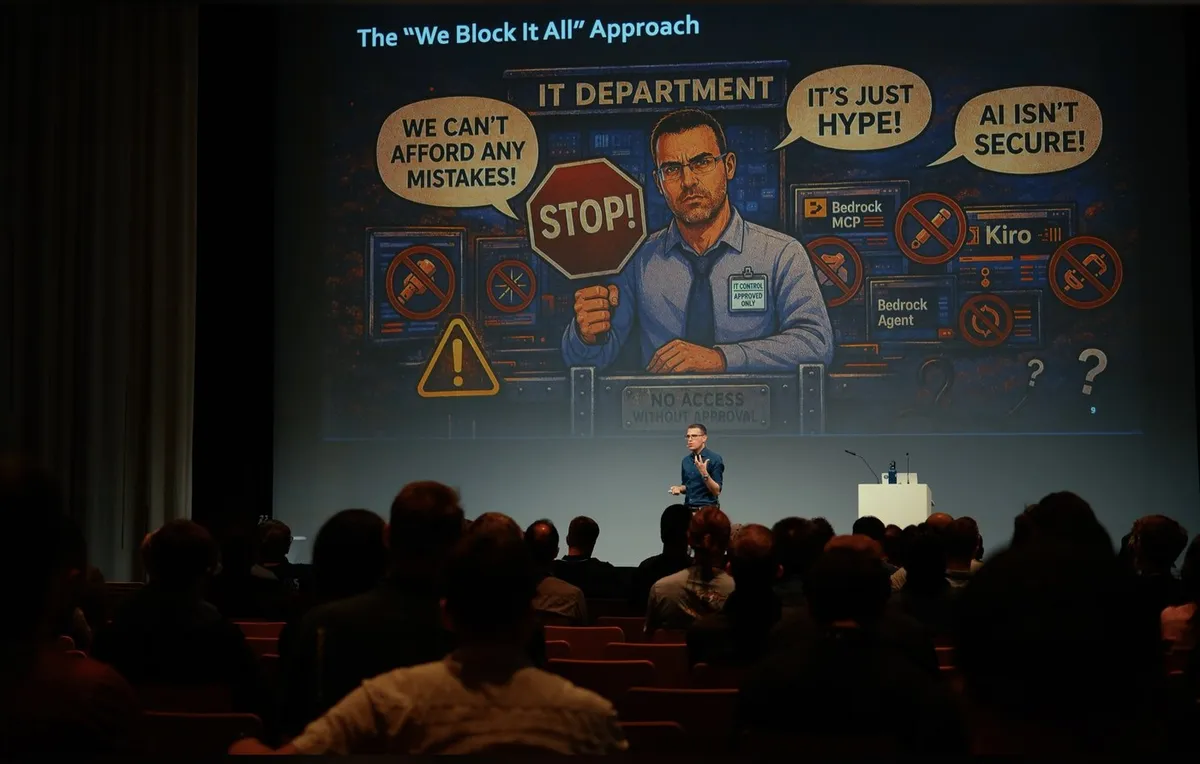 Conference slide titled The We Block It All Approach showing an IT department blocking AI tools, shown to a full auditorium