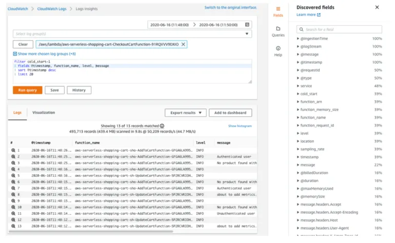 AWS CloudWatch  Insights UI