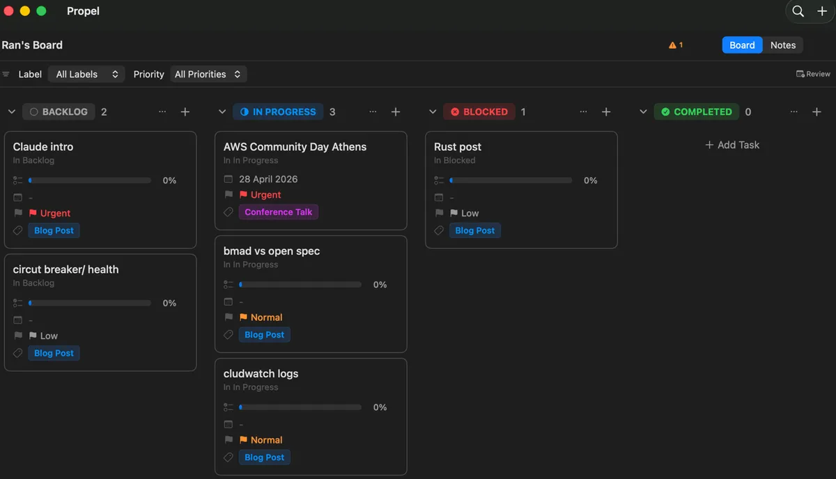 Propel Kanban board showing Backlog, In Progress, Blocked, and Completed columns with task cards