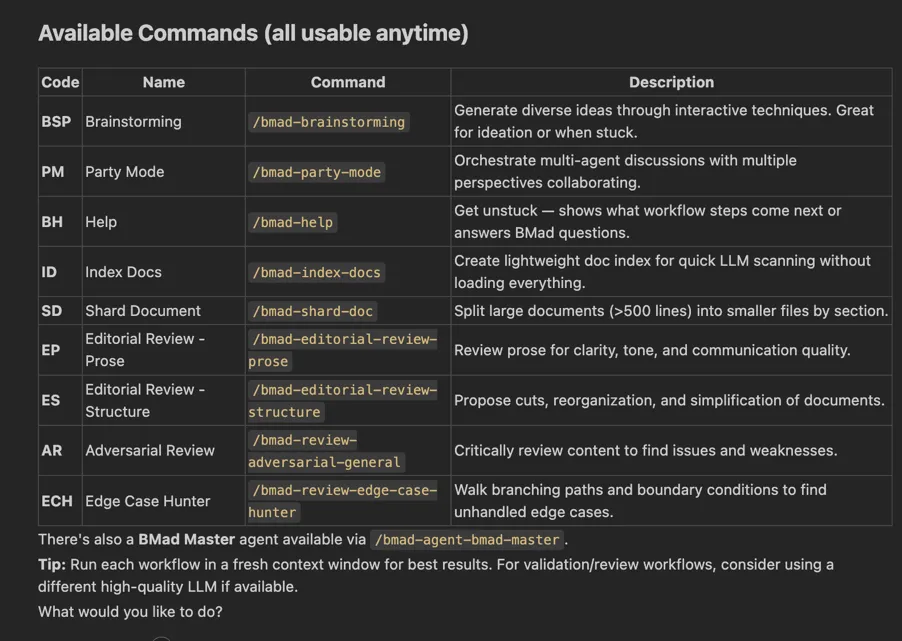 BMAD available commands table showing brainstorming, party mode, help, and review workflows