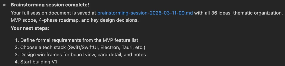 BMAD brainstorming session complete with 36 ideas, MVP scope, and 4-phase roadmap
