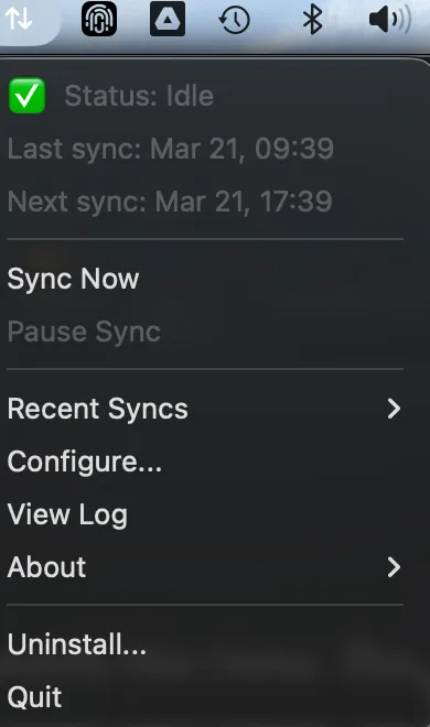 mac-folder-sync menu bar app showing sync status, last sync time, and configuration options