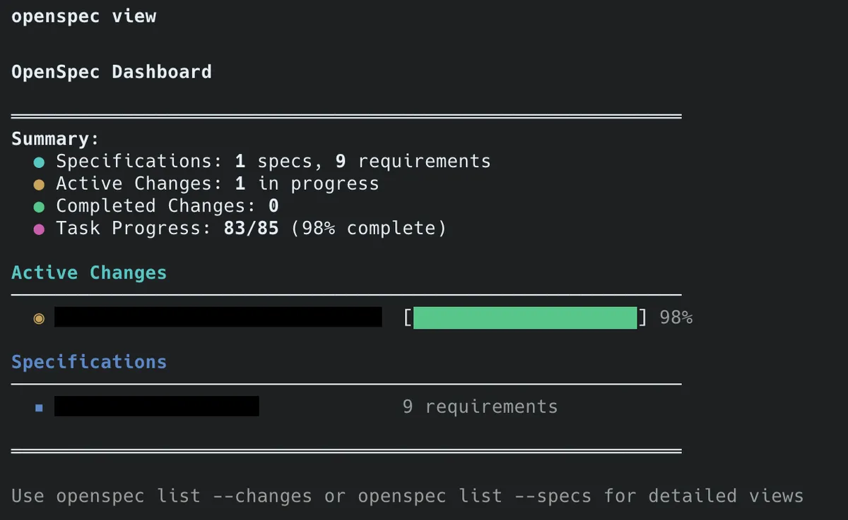 openspec view - CLI dashboard showing project status and progress.