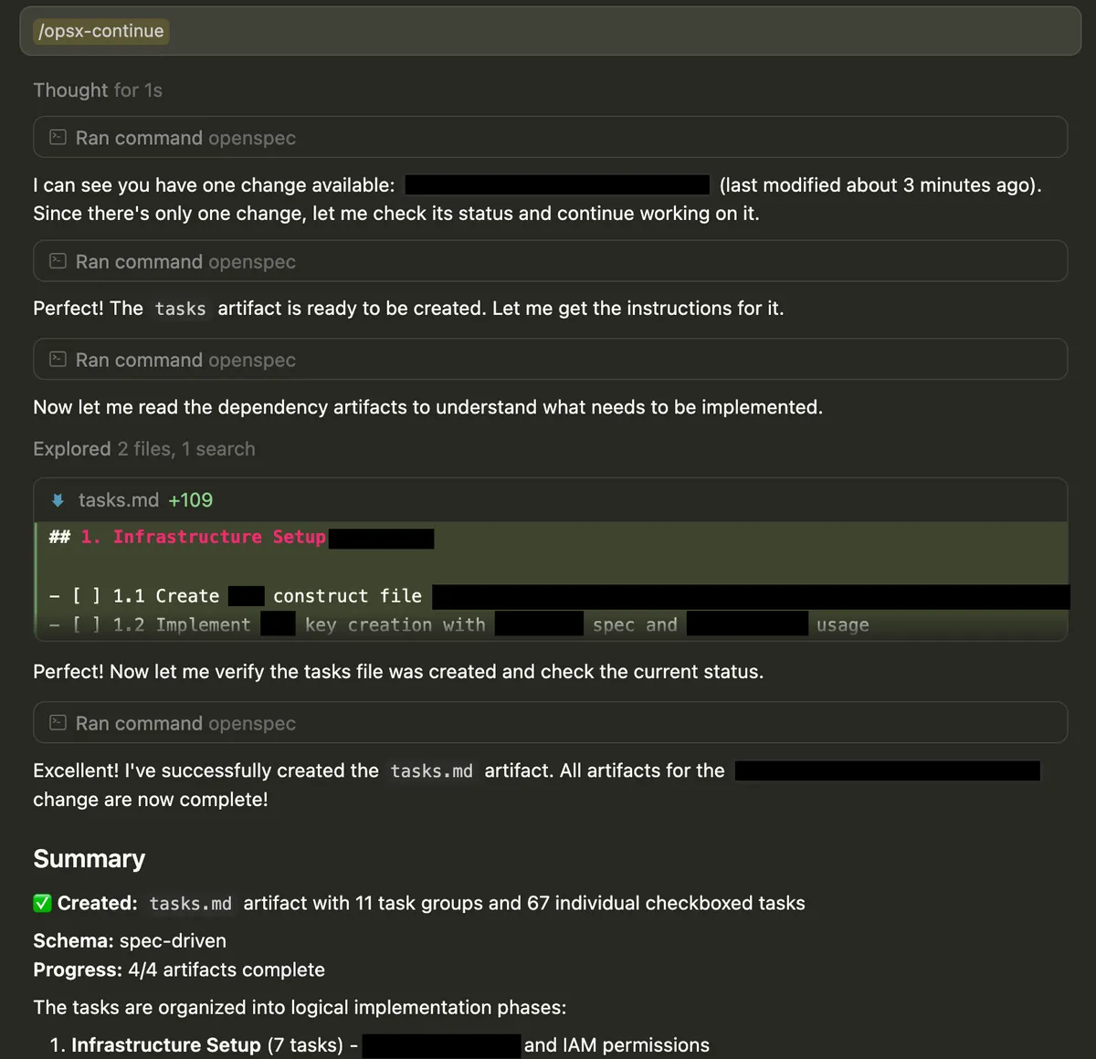/opsx-continue - automatic artifact generation from dependency graph.