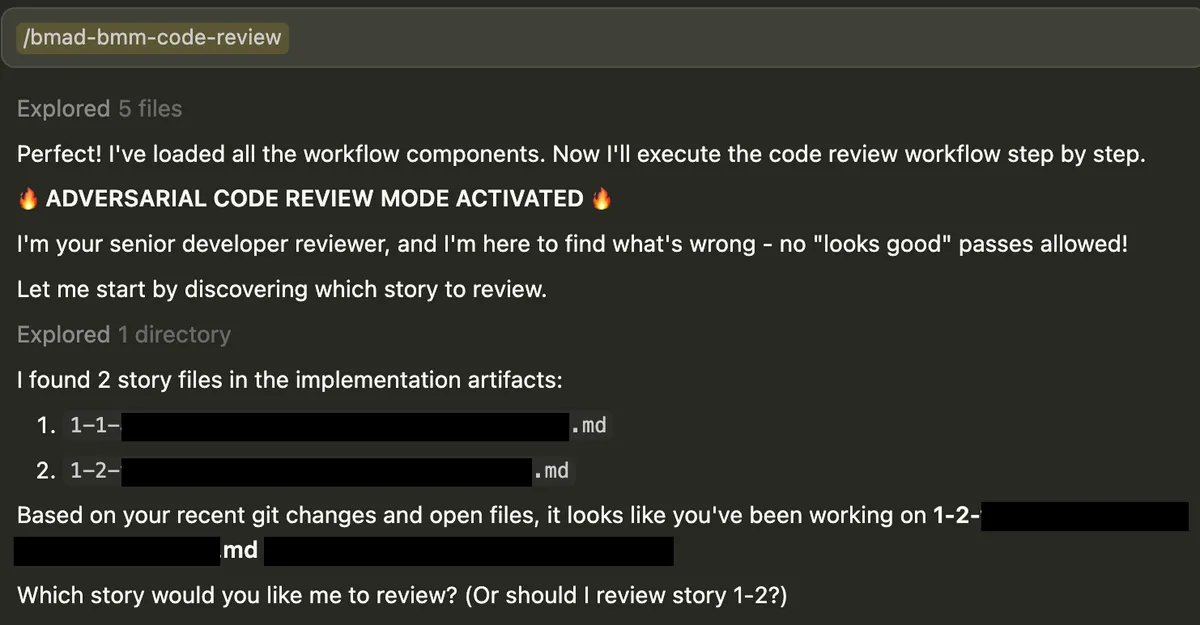/bmad-bmm-code-review - adversarial review activation.