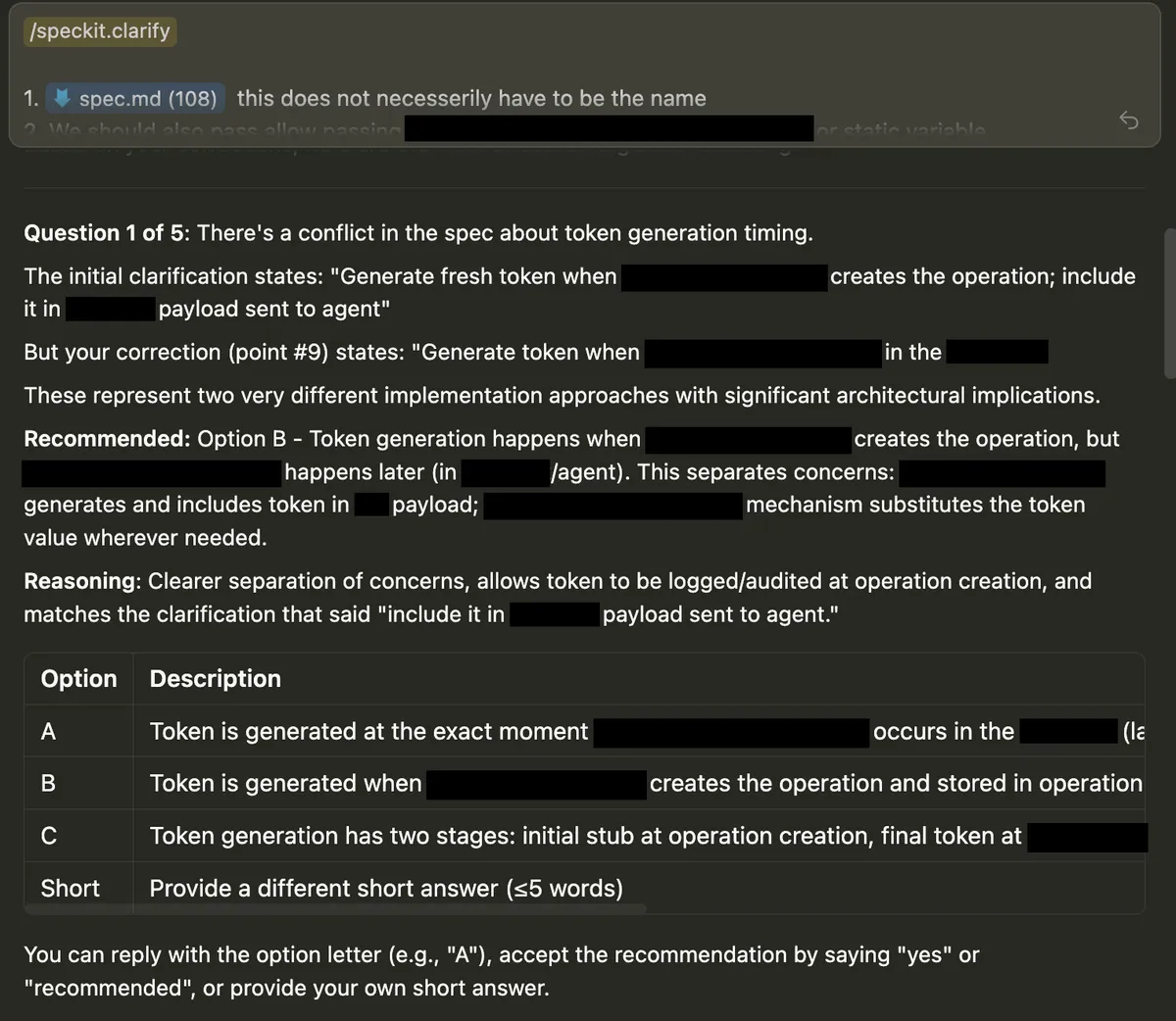/speckit.clarify - structured elicitation with multiple-choice options.
