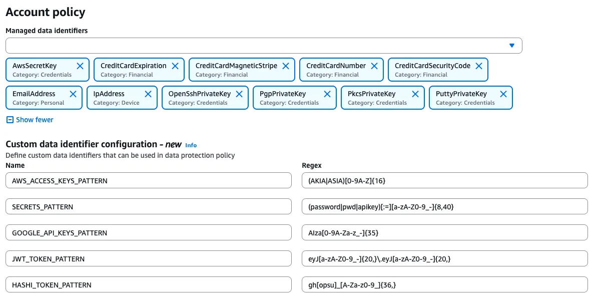Account policy configuration showing managed and custom data identifiers