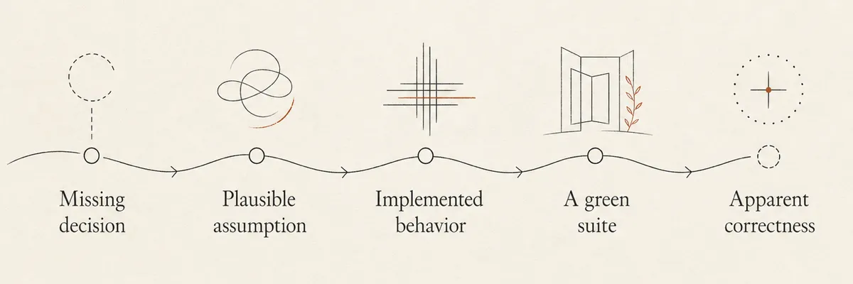A missing decision travels through assumption, implementation, and a green test suite